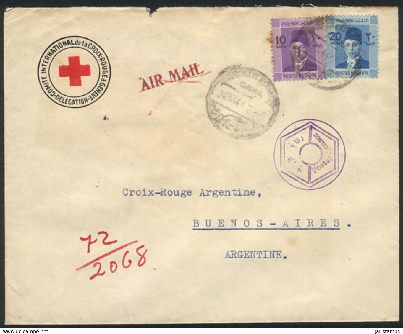 1188 EGYPT: Cover Of The Red Cross Delegation In The Middle East Sent From Cairo To Red Cross Argentina In Buenos Aires  - Other & Unclassified