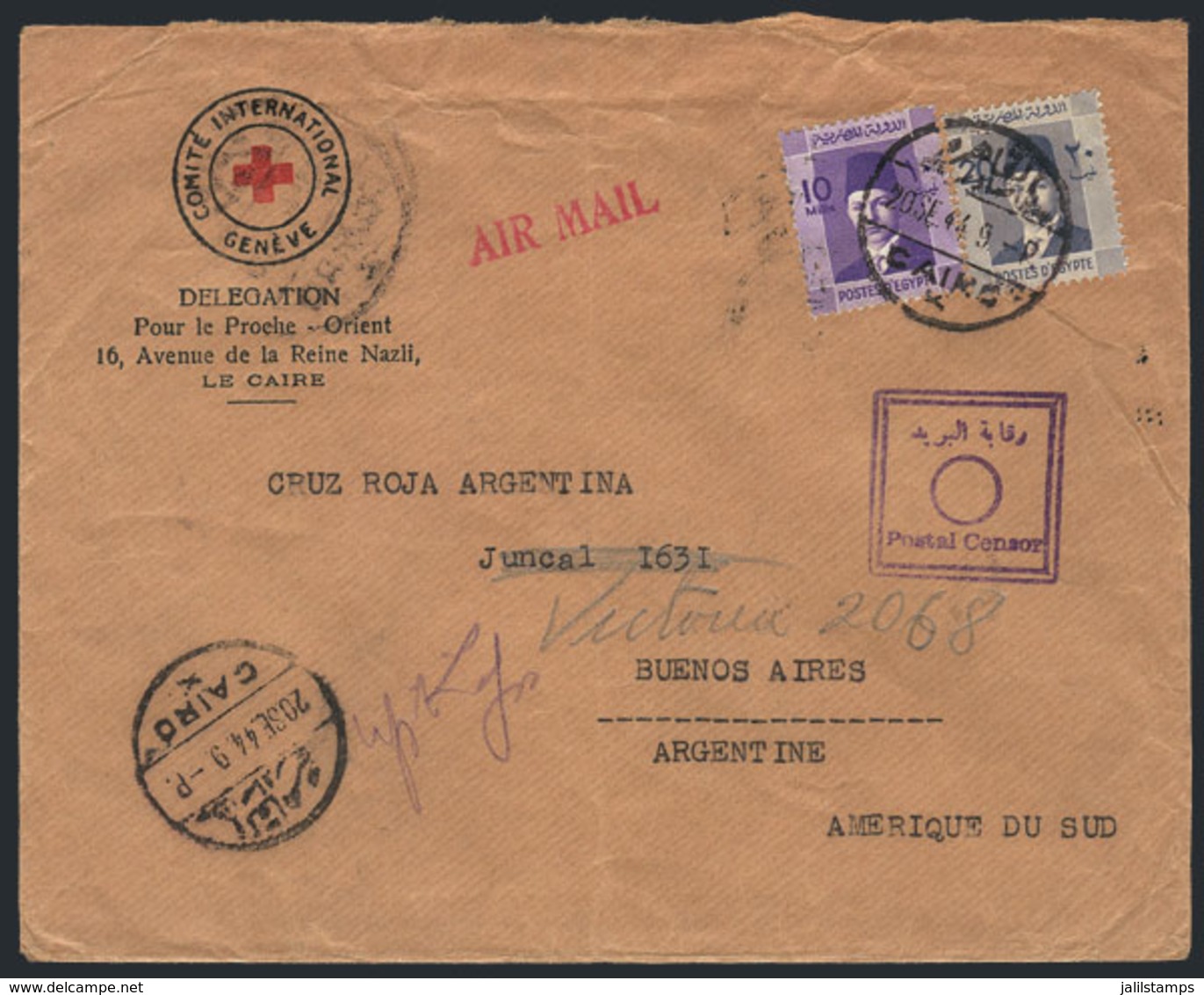 1189 EGYPT: Cover Of The Red Cross Delegation In The Middle East Sent From Cairo To Red Cross Argentina In Buenos Aires  - Other & Unclassified