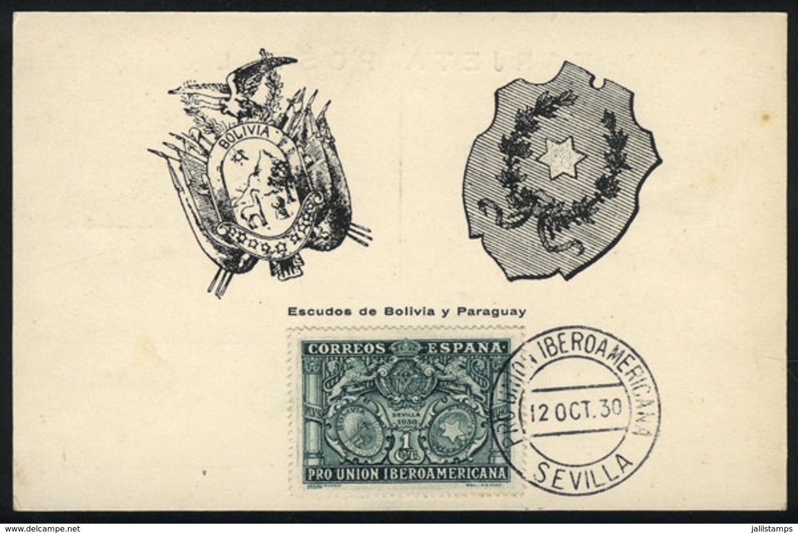 1195 SPAIN: SEVILLA: Ibero-American Expo, Coats Of Arms Of Bolivia And Paraguay, Maximum Card Of 12/OC/1930, With Specia - Cartoline Maximum