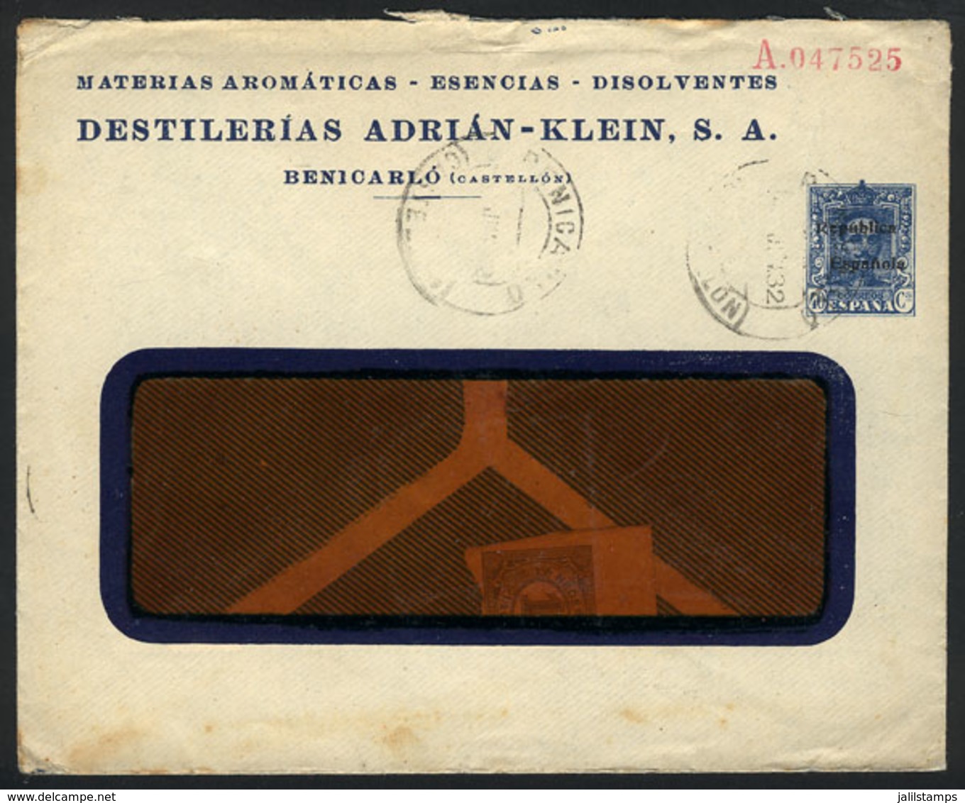 1226 SPAIN: Private Stationery Envelope Of 40c. Of Adrián-Klein Distillery, Of Benicarló (Castellón), Sent To Argentina  - 1931-....