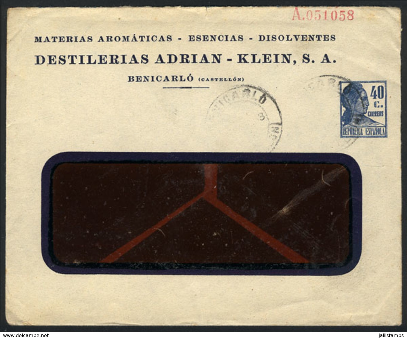 1227 SPAIN: Private Stationery Envelope Of 40c. Of Adrián-Klein Distillery, Of Benicarló (Castellón), Sent To Argentina  - 1931-....