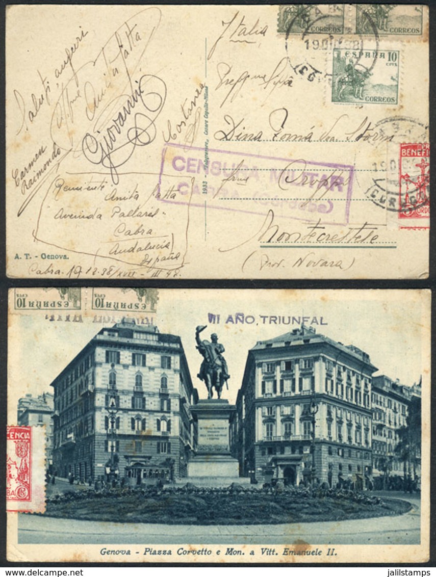 1230 SPAIN: Postcard (view Of Piazza Corvetto, Genova) Sent From CABRA To Italy On 19/DE/1938, With Nice Postage Includi - Other & Unclassified