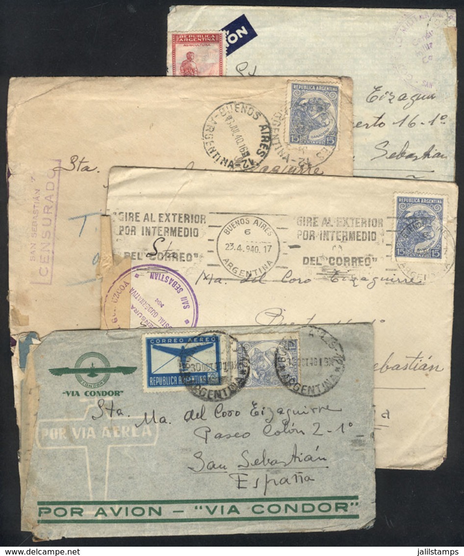 1231 SPAIN: 4 Covers Sent From Argentina To San Sebastián In 1940, All With CENSOR Marks Applied On Arrival, Interesting - Altri & Non Classificati