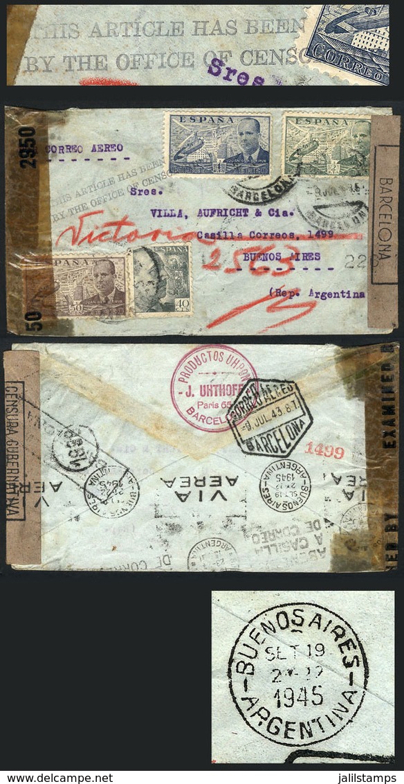 1232 SPAIN: COVER HELD BY CENSORSHIP: Airmail Cover Sent From Barcelona To Argentina On 9/JUL/1947, With DOUBLE Censorsh - Altri & Non Classificati