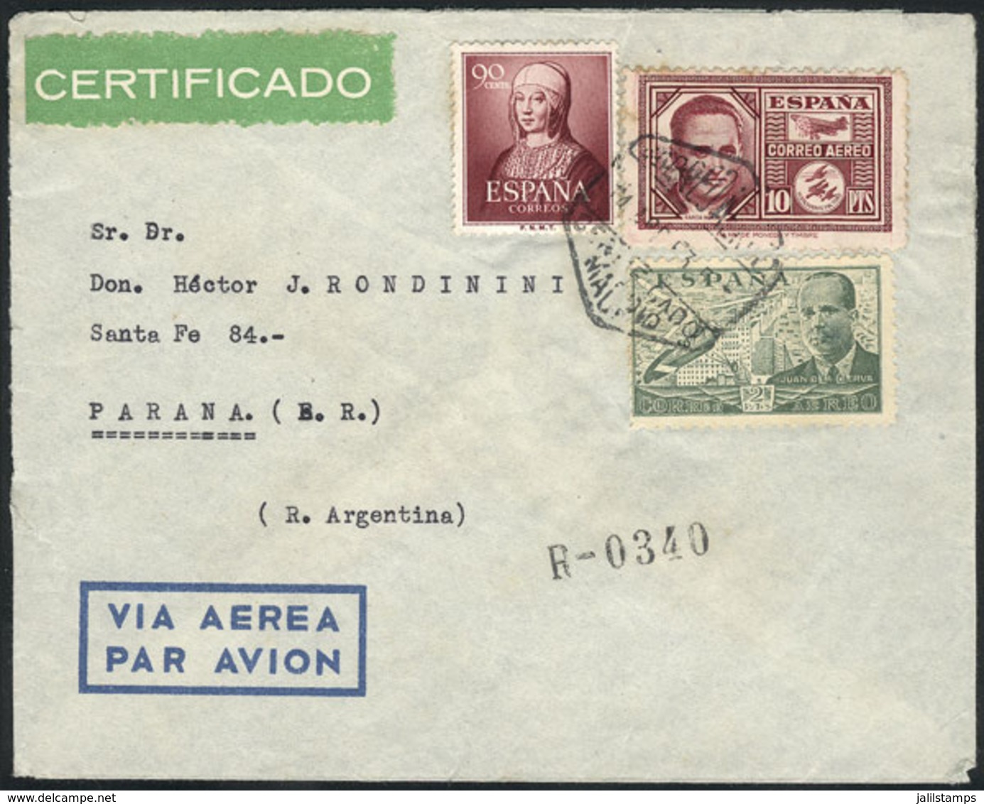 1233 SPAIN: Cover With Good Postage Of 12.90 Pts. Sent From Madrid To Argentina On 14/AU/1953, Minor Defects On Reverse, - Altri & Non Classificati