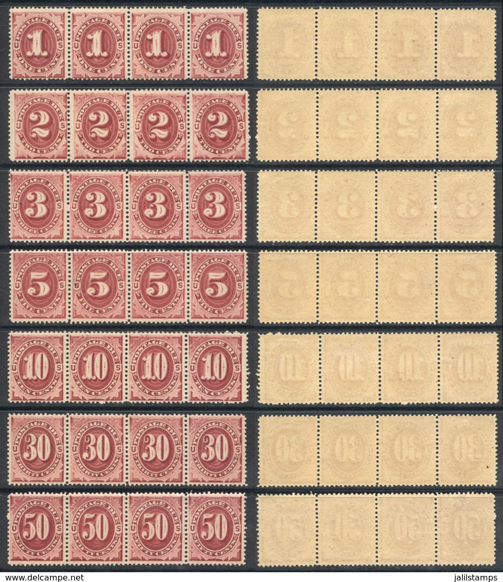 1240 UNITED STATES: Sc.J22/J28, 1891 Complete Set Of 7 Values In STRIPS OF 4, The Stamps At The Left And Right Ends With - Segnatasse