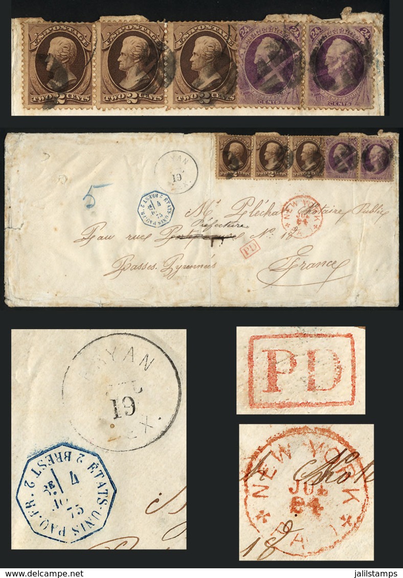 1242 UNITED STATES: Cover Sent From BRYAN (Texas) To France On 19/JUL/1875, With Red Transit Mark Of New York (24/JUL),  - Postal History