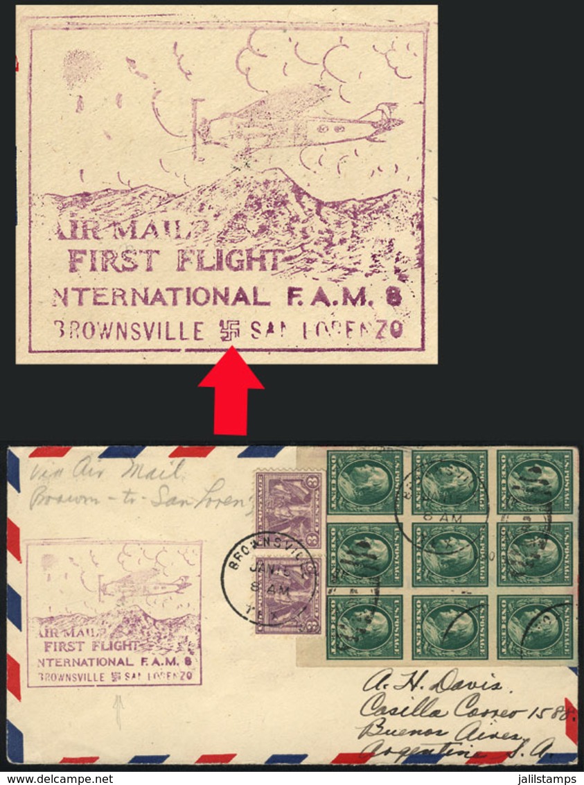 1244 UNITED STATES: 15/JA/1930 Brownsville - San Lorenzo (Honduras) First Flight, Cover With Nice Postage Sent To Argent - Poststempel