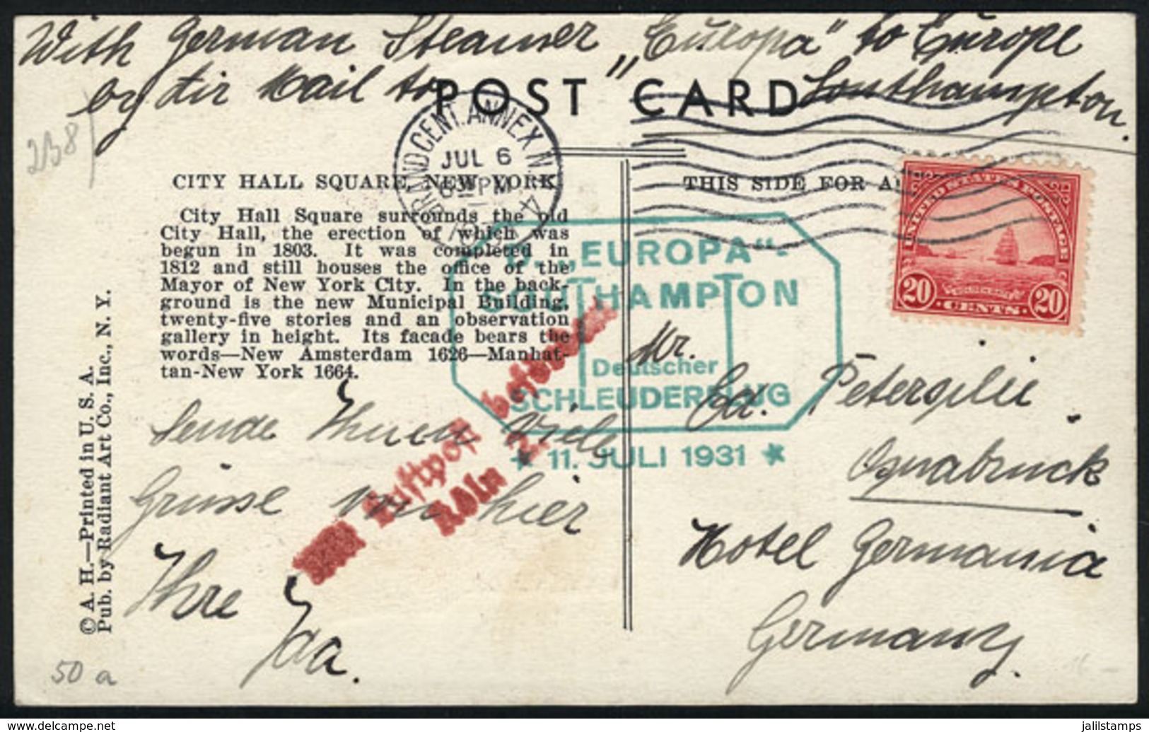 1245 UNITED STATES: PC Sent From New York To Germany On 6/JUL/1931 By Ship To Europe And By Catapult Flight To Southampt - Postal History