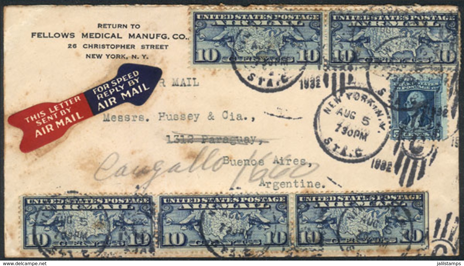 1246 UNITED STATES: Airmail Cover Sent From New York To Argentina On 5/AU/1932 With Nice Franking Of 55c. - Poststempel