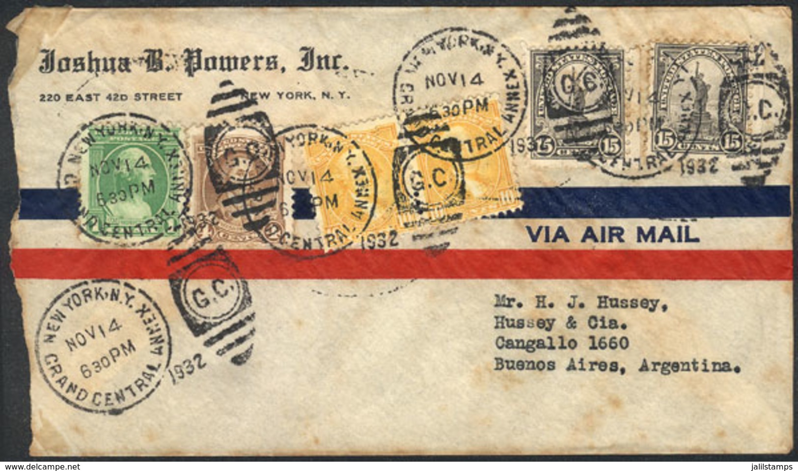 1247 UNITED STATES: Airmail Cover Sent From New York To Argentina On 14/NO/1932 With Nice Franking Of 55c., Very Attract - Poststempel