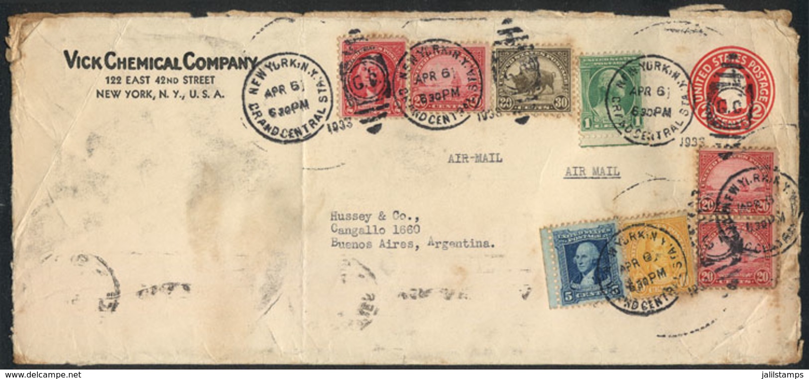 1248 UNITED STATES: Airmail Cover Sent From New York To Argentina On 15/AP/1933 With Nice Franking Of $1.10, Very Colorf - Postal History