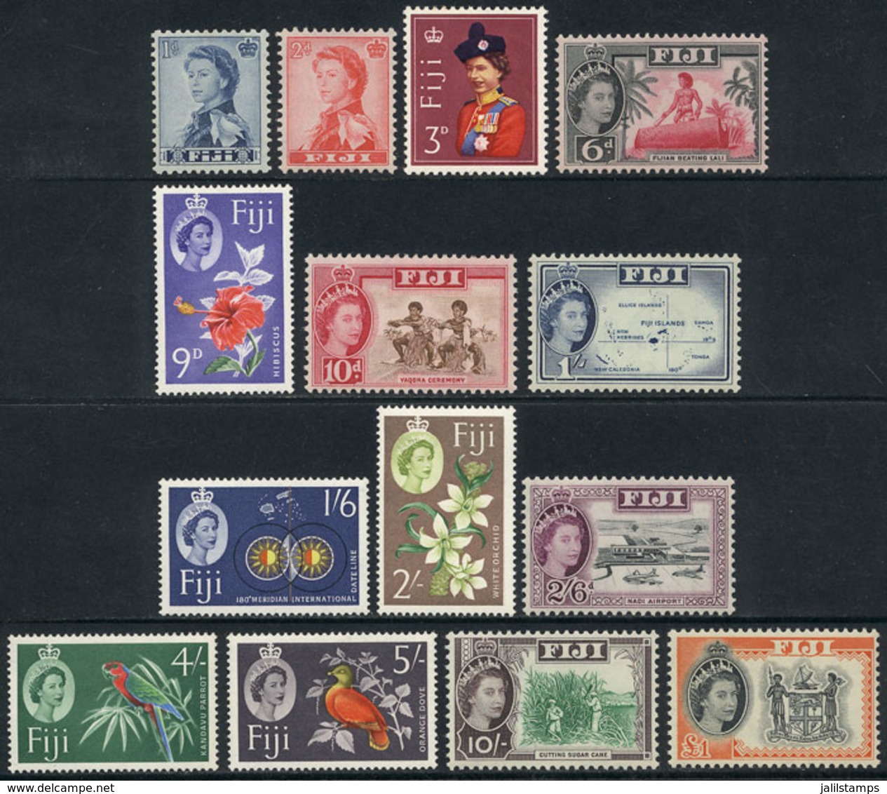 1265 FIJI: Sc.176/189, 1962/7 Birds, Flowers, Complete Set Of 14 Unmounted Values, Excellent Quality, Catalog Value US$6 - Fidschi-Inseln (...-1970)