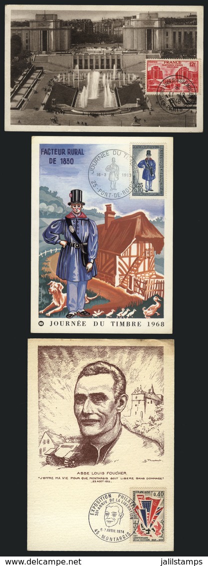 1274 FRANCE: 3 Maximum Cards Of 1948/74, Different Topics: UNO, Louis Foucher, Stamp Day, Fine General Quality - Altri & Non Classificati