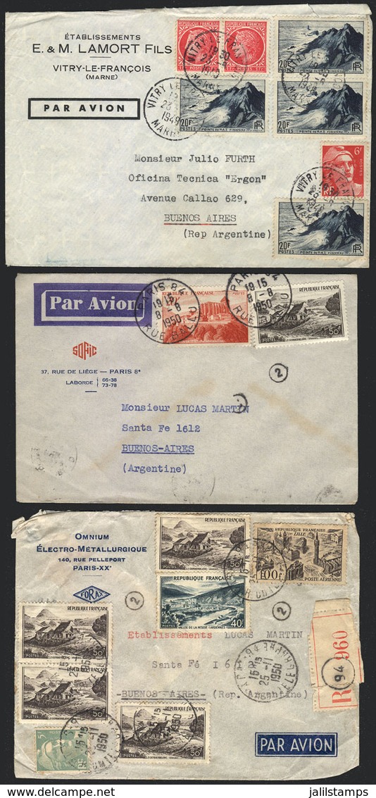 1277 FRANCE: 3 Airmail Covers Sent To Argentina Between 1949 And 1950, Very Handsome. - Other & Unclassified