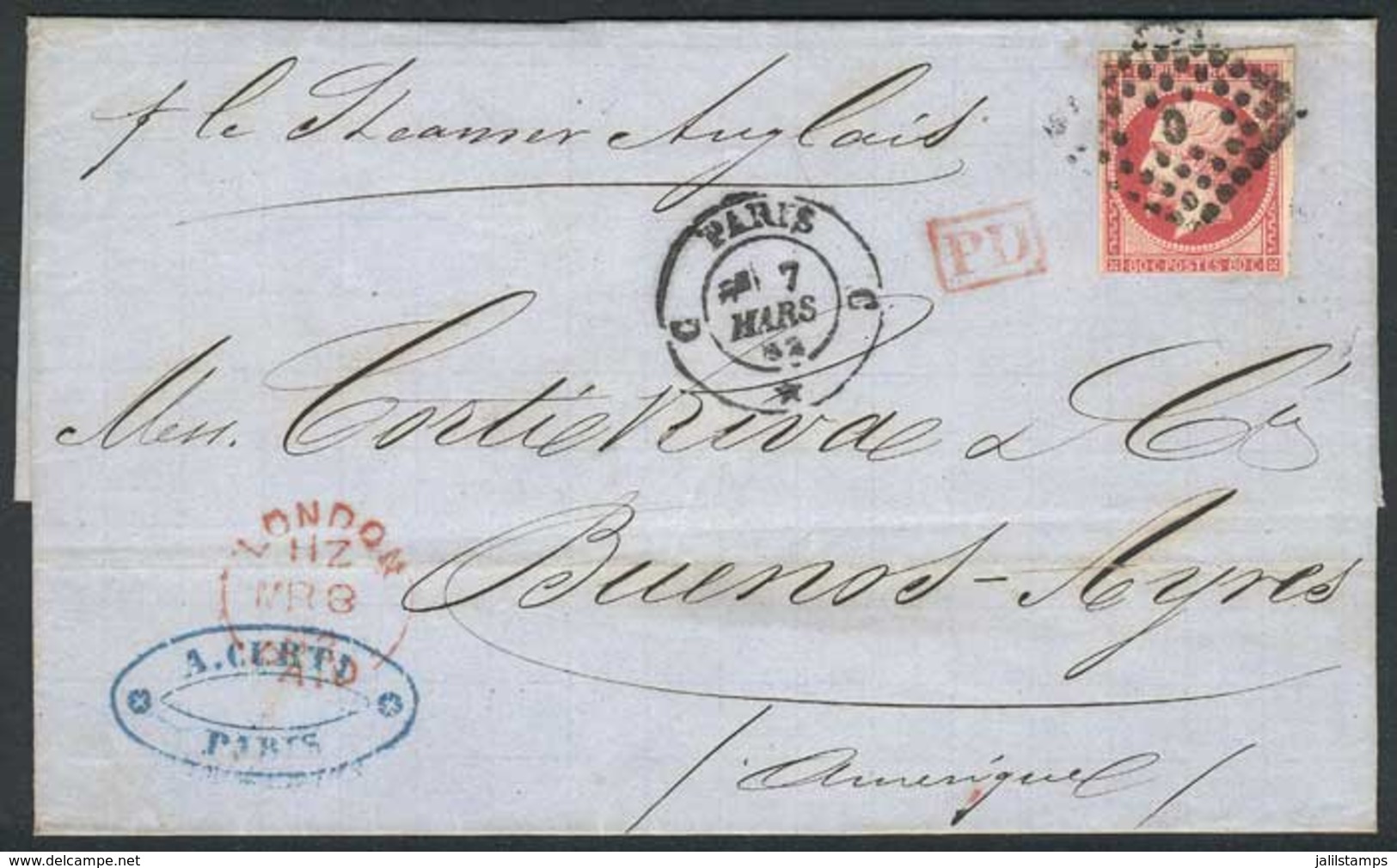 1279 FRANCE: 7/MAR/1862 PARIS - ARGENTINA: Folded Cover Franked By Yv.24, ""C In Dotted Rhombus"" Cancel, Sent To Buenos - Other & Unclassified