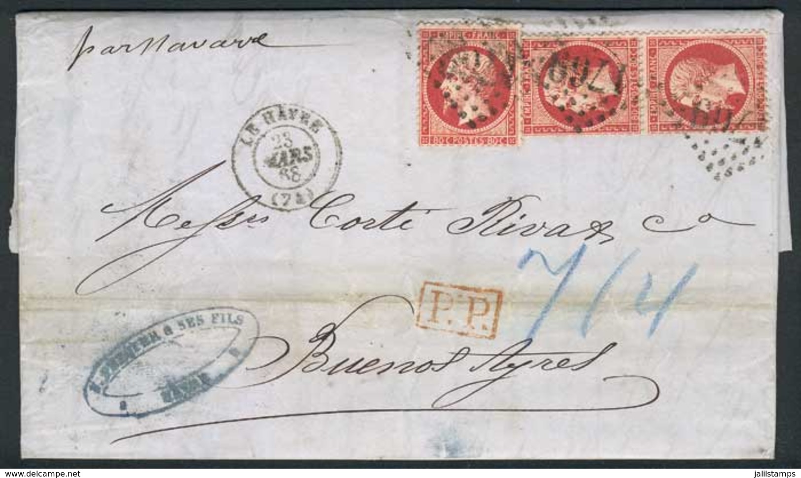 1280 FRANCE: 21/MAR/1868 LE HAVRE - ARGENTINA: Complete Folded Letter Franked By Yv.24 X3 (total 2.40Fr.!), Numeral Canc - Altri & Non Classificati