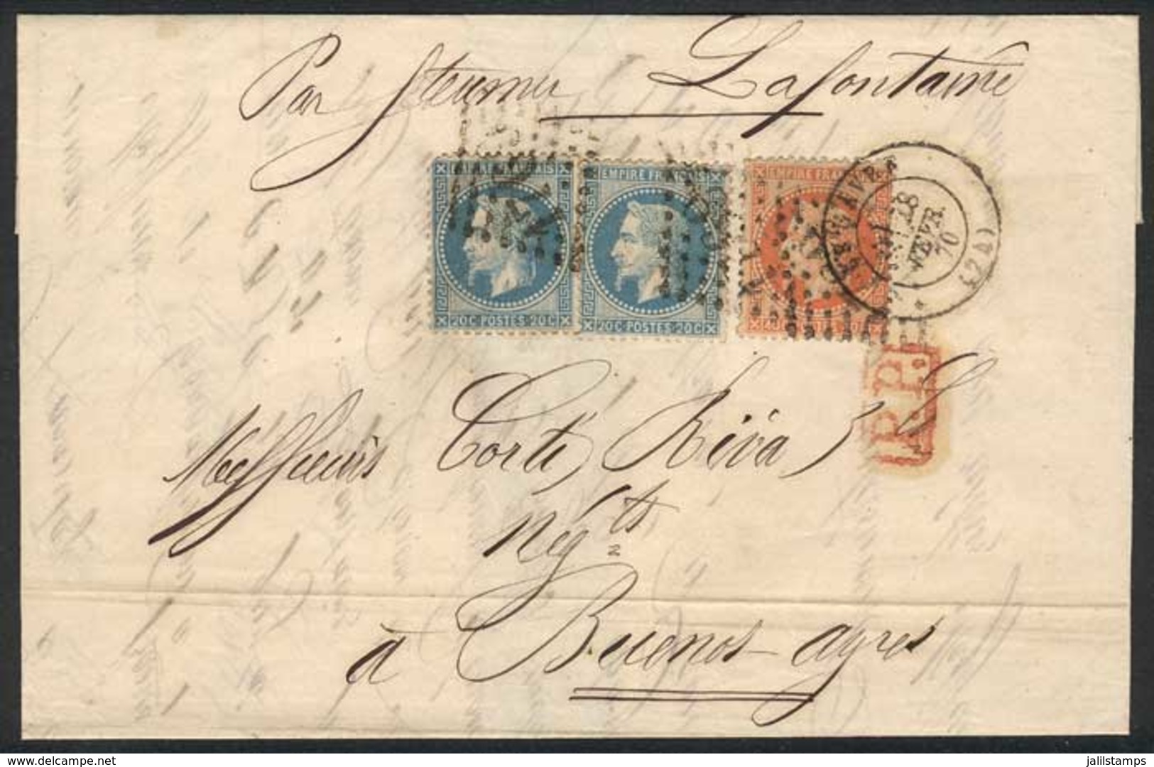 1283 FRANCE: 28/FEB/1870 HAVRE - ARGENTINA: Folded Letter Franked By Yv.29B X2 + 31, Sent To Buenos Aires By Steamship " - Altri & Non Classificati