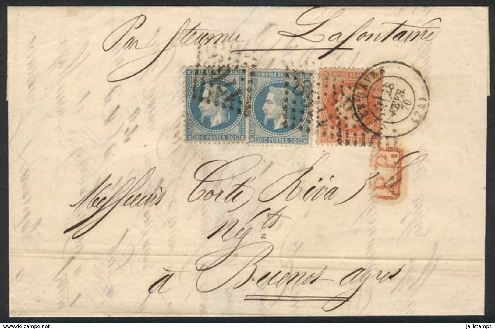 1283 FRANCE: 28/FEB/1870 HAVRE - ARGENTINA: Folded Letter Franked By Yv.29B X2 + 31, Sent To Buenos Aires By Steamship " - Autres & Non Classés