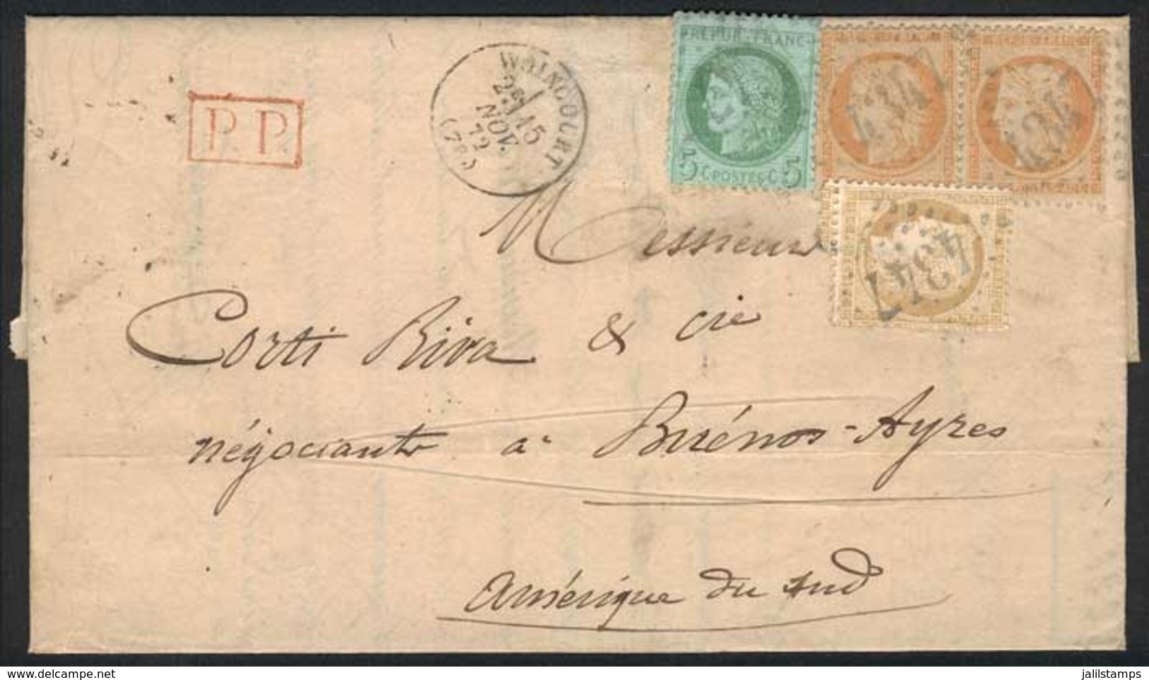 1285 FRANCE: 30/OCT/1872 DARGNIES - ARGENTINA: Complete Folded Letter Franked By Yv.38 Pair + 53 + 59, Numeral Cancel "" - Other & Unclassified