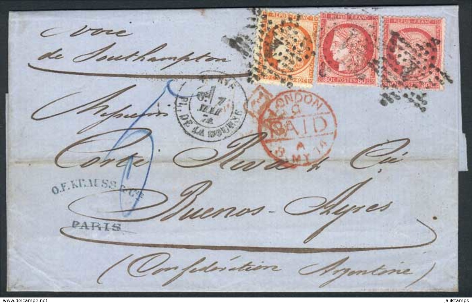 1286 FRANCE: 7/MAY/1874 PARIS - ARGENTINA: Complete Folded Letter Franked By Yv.38 + 57 X2 (total 2Fr.), Tied By Dotted  - Other & Unclassified