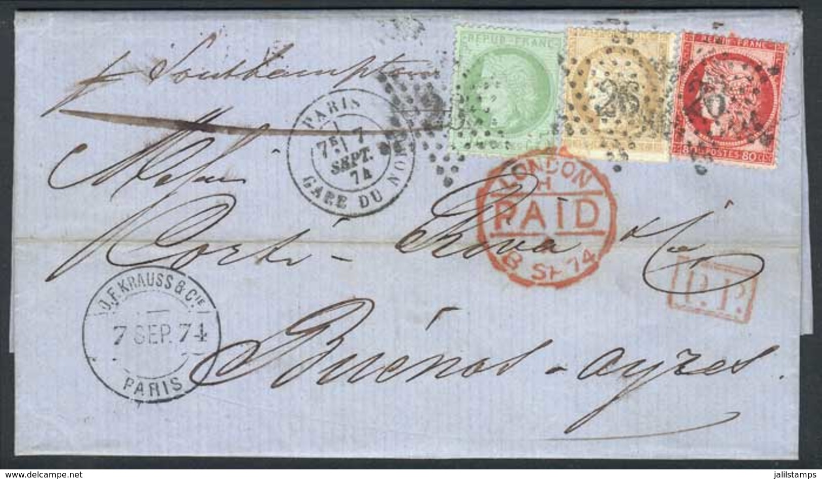 1287 FRANCE: 7/SEP/1874 PARIS - ARGENTINA: Complete Folded Letter Franked By Yv.53 + 57 + 59, Sent To Buenos Aires Via E - Sonstige & Ohne Zuordnung