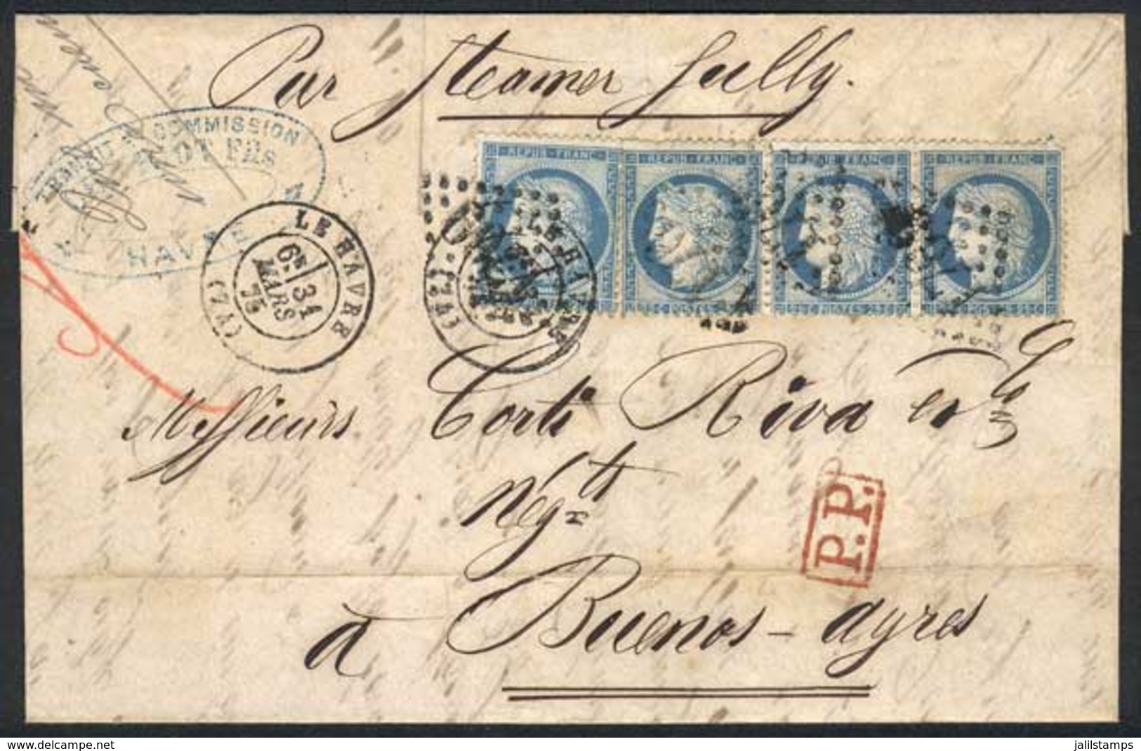 1288 FRANCE: 31/MAR/1875 LE HAVRE - ARGENTINA: Complete Folded Letter Franked By Yv.60C X4 (strip Of 3 + Single), Numera - Altri & Non Classificati