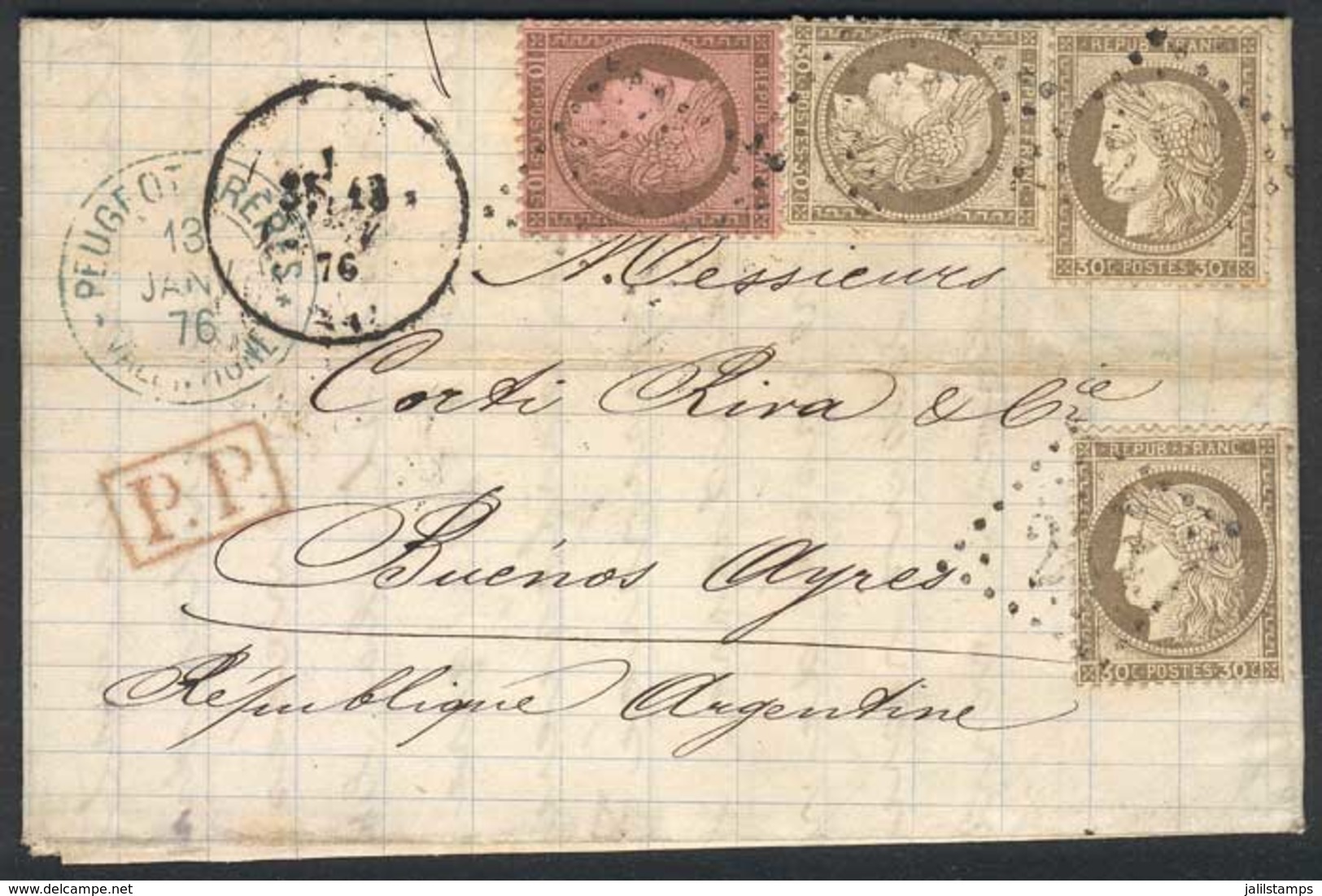 1291 FRANCE: 12/JAN/1876 VALENTIGNEY - ARGENTINA: Long Folded Letter (sender Peugeot Freres) Franked By Yv.54 + 56 X3, N - Altri & Non Classificati