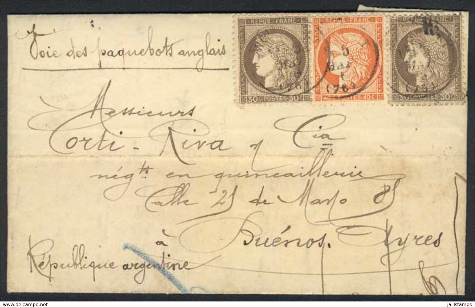 1292 FRANCE: 5/MAY/1876 DARNIES - ARGENTINA: Complete Folded Letter Franked By Yv.38 + 56 X2, With Buenos Aires Arrival  - Sonstige & Ohne Zuordnung