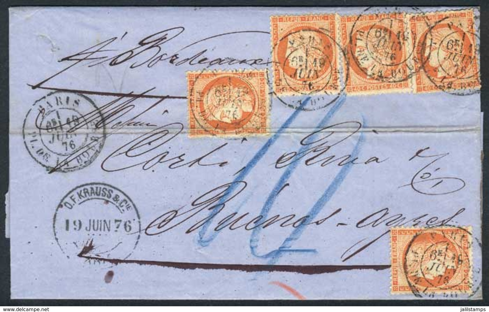 1293 FRANCE: 19/JUN/1876 PARIS - ARGENTINA: Complete Folded Letter Franked By Yv.38 X5 (total 2Fr.), With Datestamp, And - Altri & Non Classificati