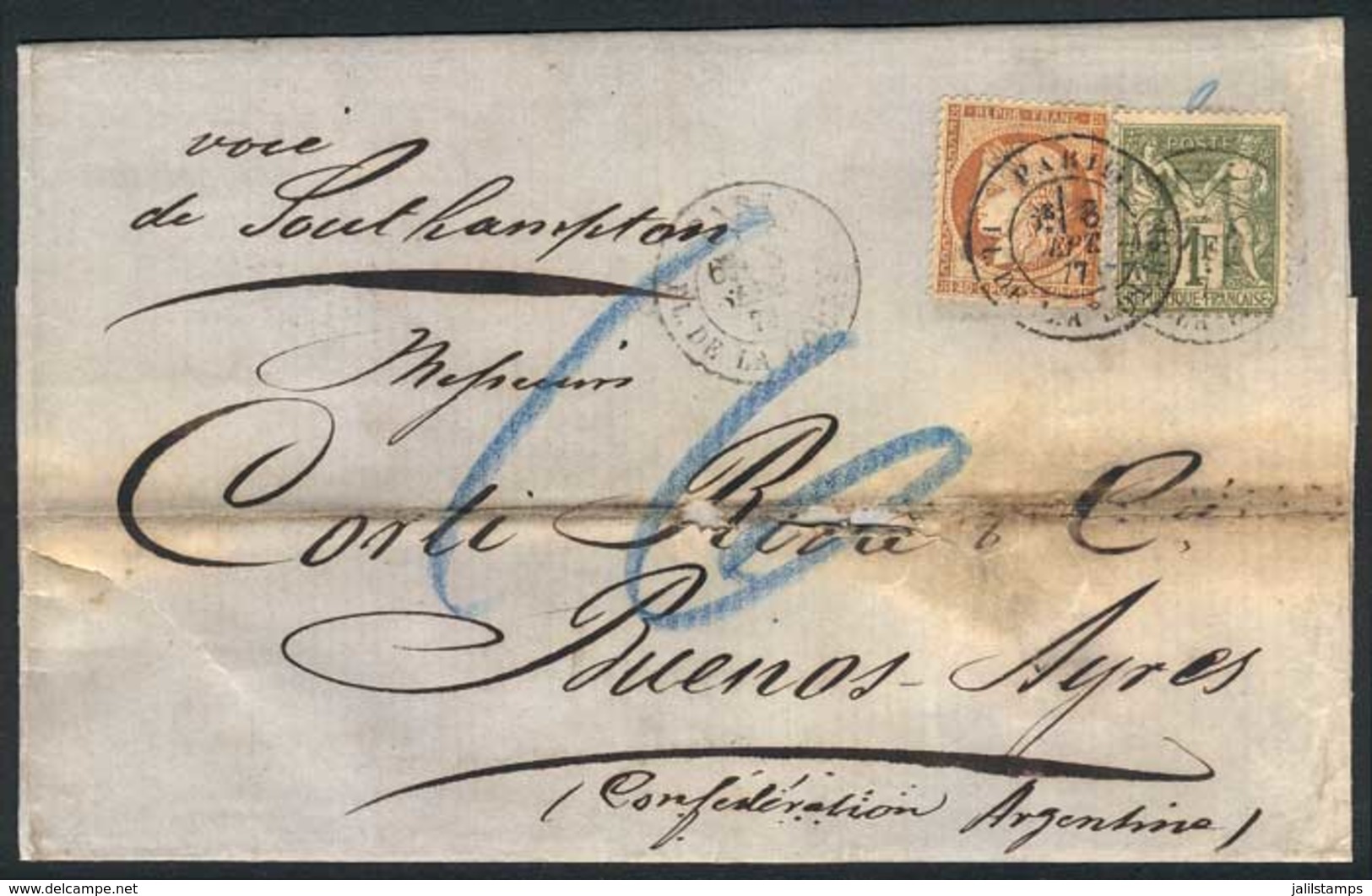 1294 FRANCE: 7/SEP/1877 PARIS - ARGENTINA: Folded Cover Franked By Yv.38 + 72 (total 1.40Fr.), With Buenos Aires Arrival - Altri & Non Classificati