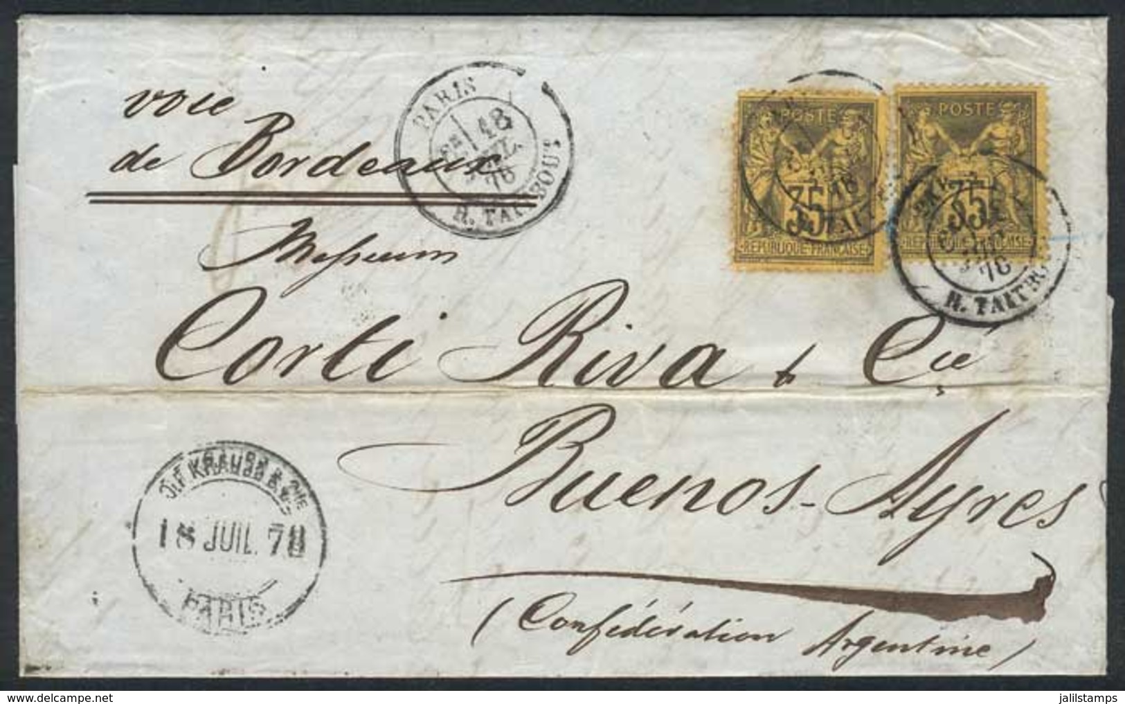 1295 FRANCE: 18/JUL/1878 PARIS - ARGENTINA: Folded Cover Franked By Yv.93 X2, With Arrival Backstamp Of Buenos Aires, VF - Other & Unclassified