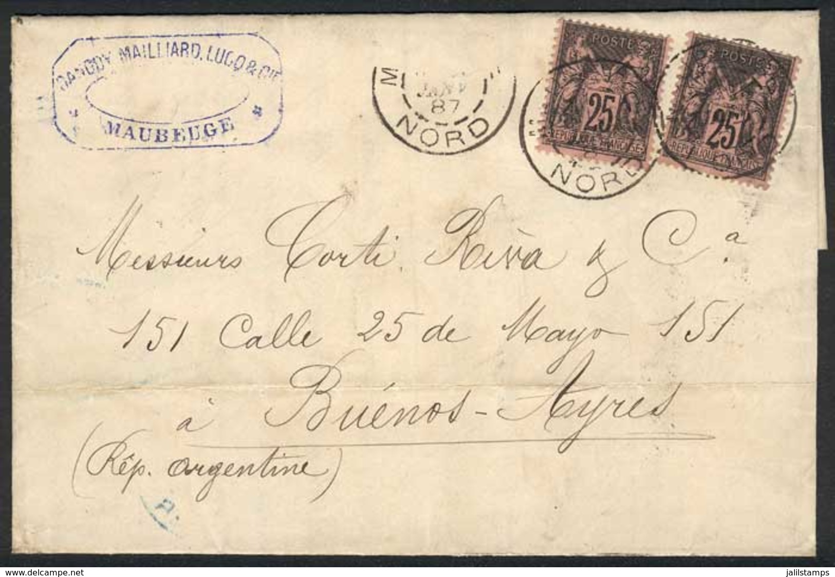 1297 FRANCE: 29/DEC/1886 MAUBEUGE - ARGENTINA: Letter Franked By Yv.97a X2, With Arrival Backstamp Of Buenos Aires, VF Q - Altri & Non Classificati