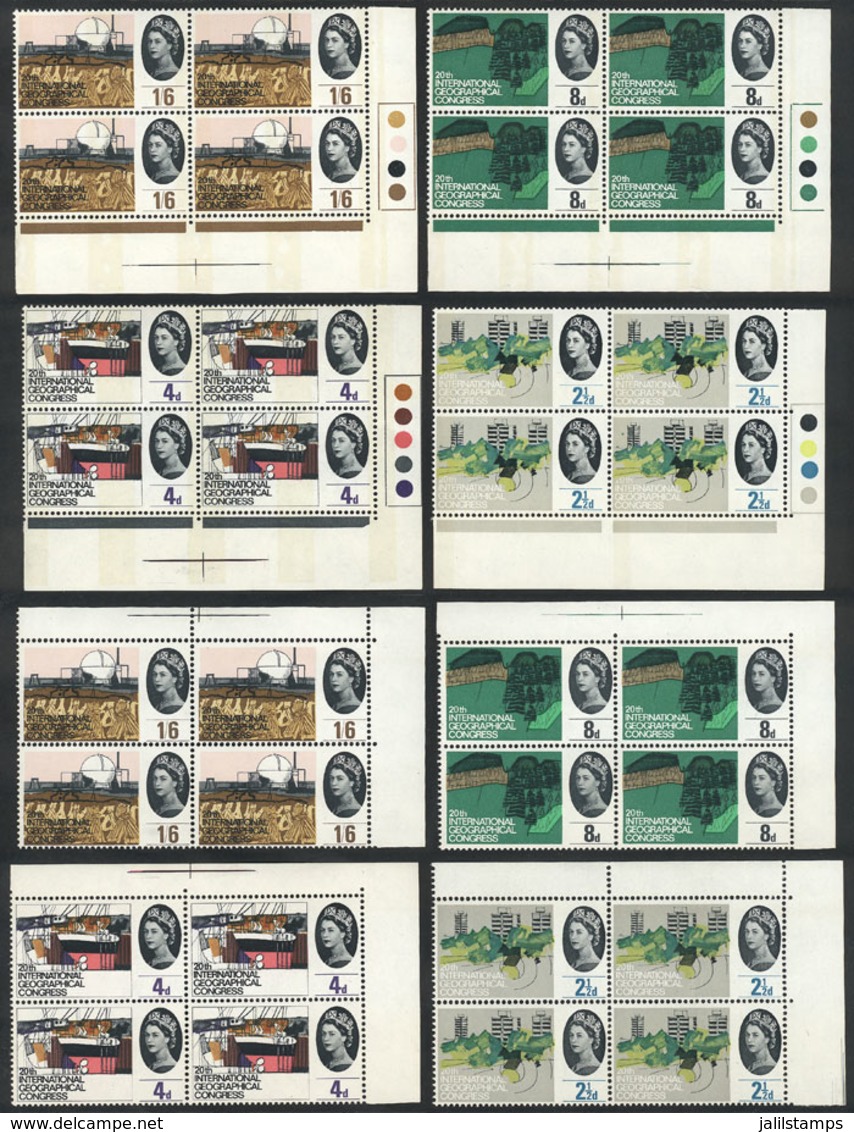 1313 GREAT BRITAIN: Yvert 387/390 + 387A/390A, 1964 Intl. Geographical Congress, Blocks Of 4 With And Without Phosphor B - Other & Unclassified