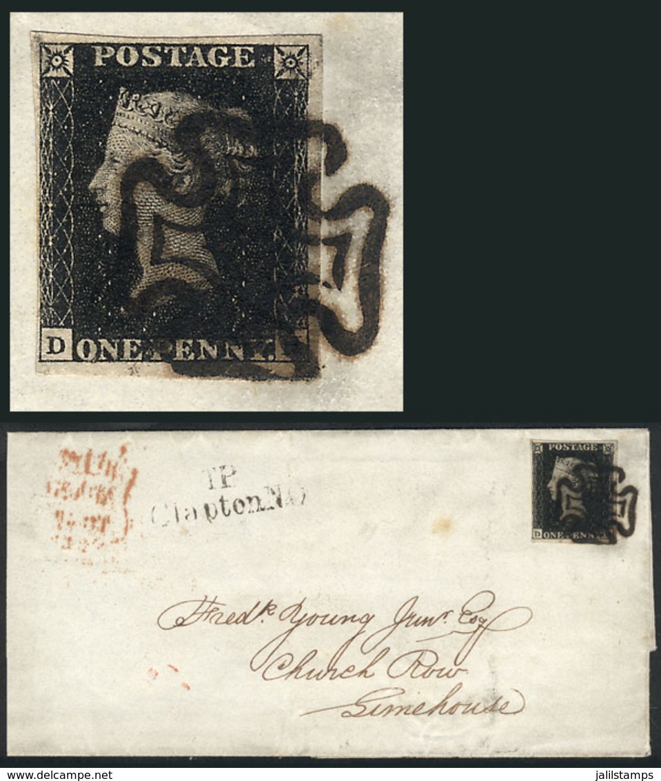1314 GREAT BRITAIN: Sc.1, 1840 1p. Penny Black, Nice Example Of 4 Margins (3 Very Wide) Franking A Folded Cover Used On  - Sonstige & Ohne Zuordnung