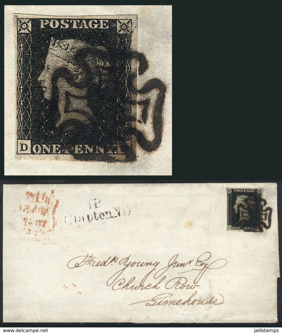 1314 GREAT BRITAIN: Sc.1, 1840 1p. Penny Black, Nice Example Of 4 Margins (3 Very Wide) Franking A Folded Cover Used On  - Other & Unclassified