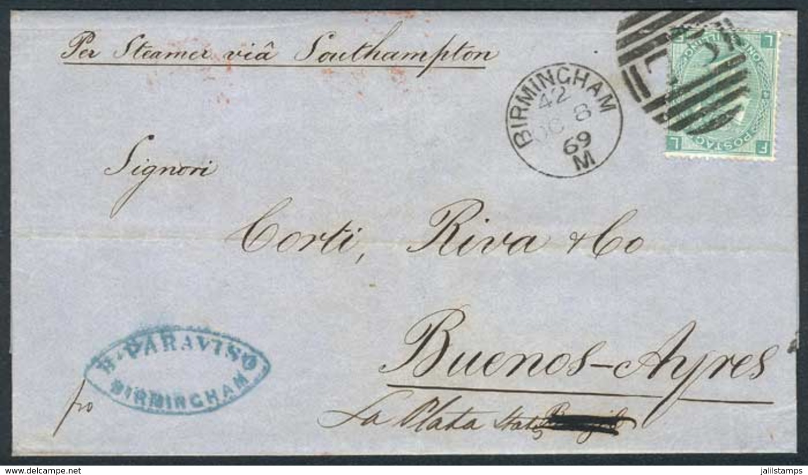 1331 GREAT BRITAIN: 8/OCT/1869 BIRMINGHAM - ARGENTINA: Folded Cover Franked By Sc.54 Plate 4, With Duplex Cancel ""75"", - ...-1840 Precursori