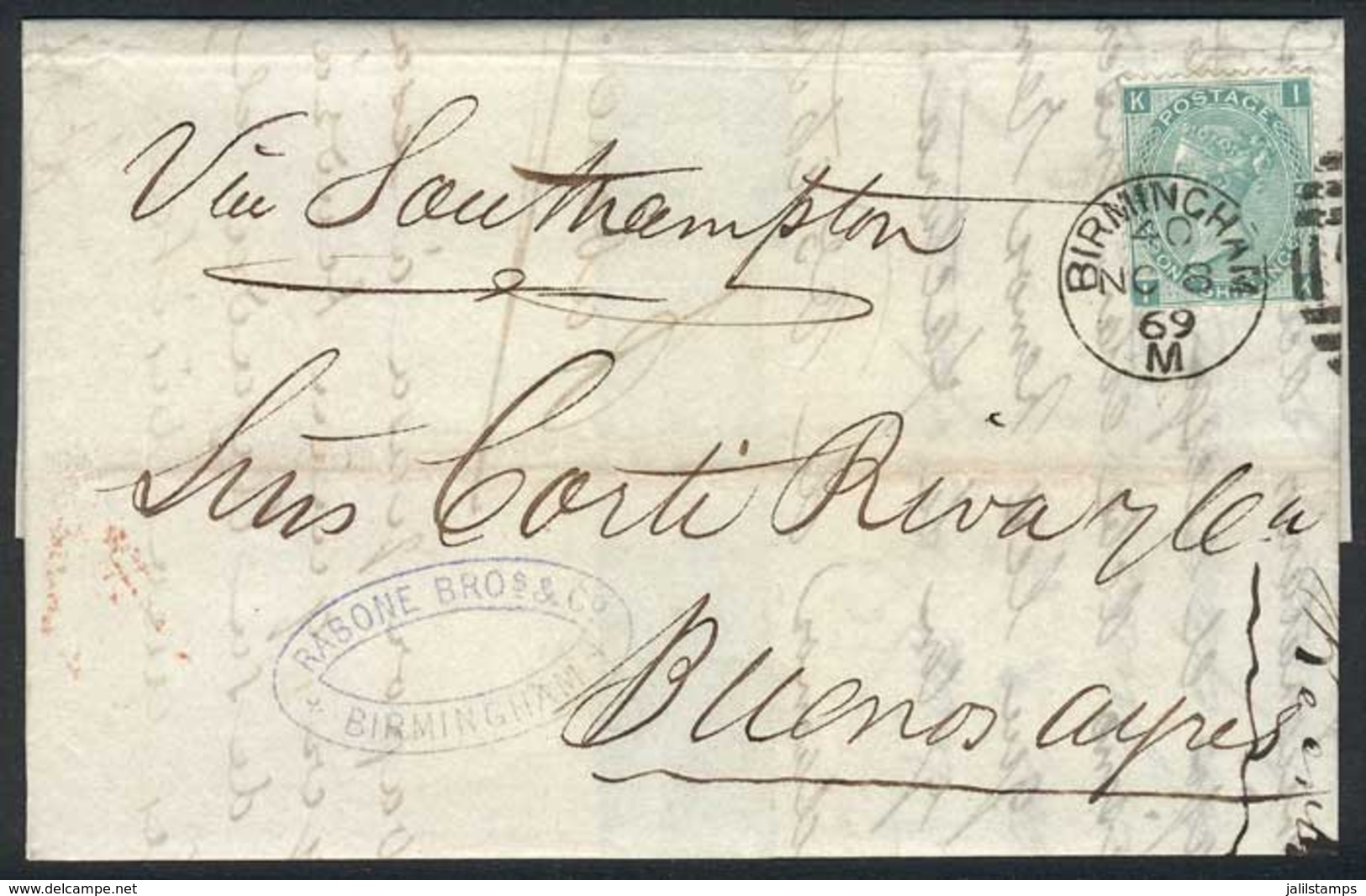 1332 GREAT BRITAIN: 8/NO/1869 BIRMINGHAM - ARGENTINA: Folded Cover Franked By Sc.54 Plate 4 With Duplex Cancel, Sent To  - ...-1840 Precursori