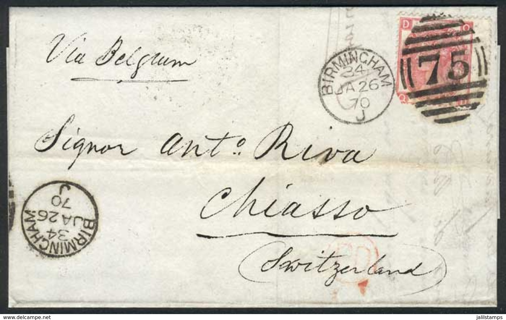 1333 GREAT BRITAIN: 26/JAN/1870 BIRMINGHAM - Switzerland: Folded Cover Franked By Sc.49 Plate 5 (corner Defect), With Du - ...-1840 Vorläufer