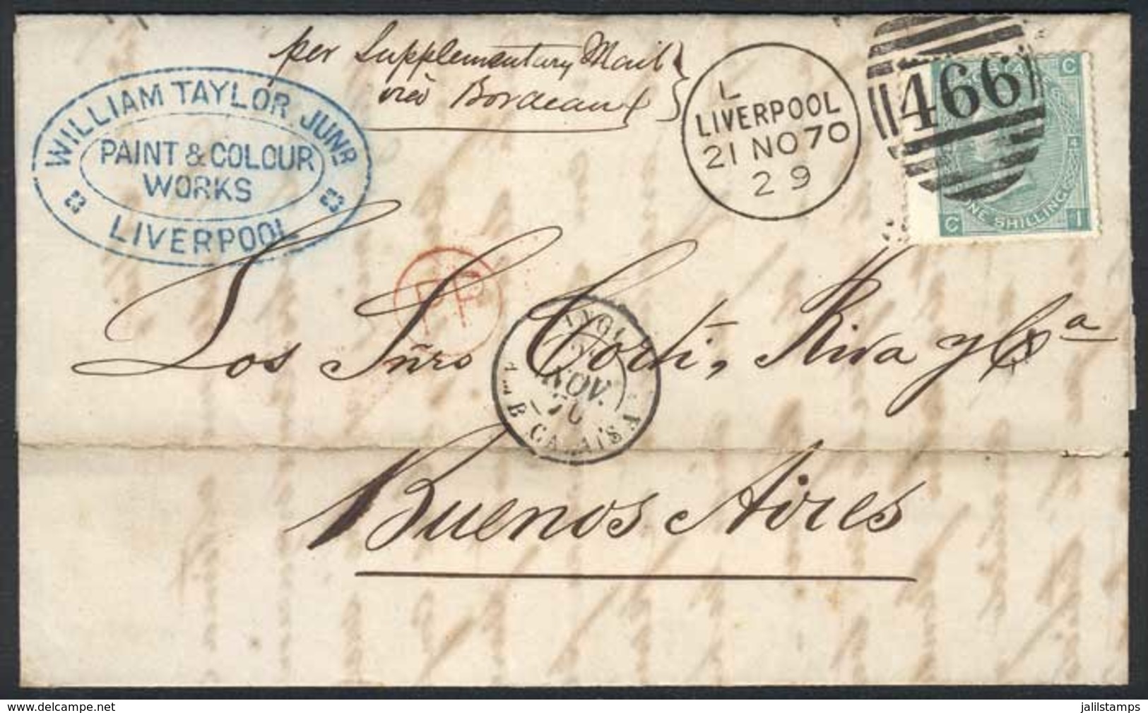 1335 GREAT BRITAIN: 21/NOV/1870 LIVERPOOL - ARGENTINA: Complete Folded Letter Franked By Sc.54 Plate 4, With Duplex Canc - ...-1840 Vorläufer