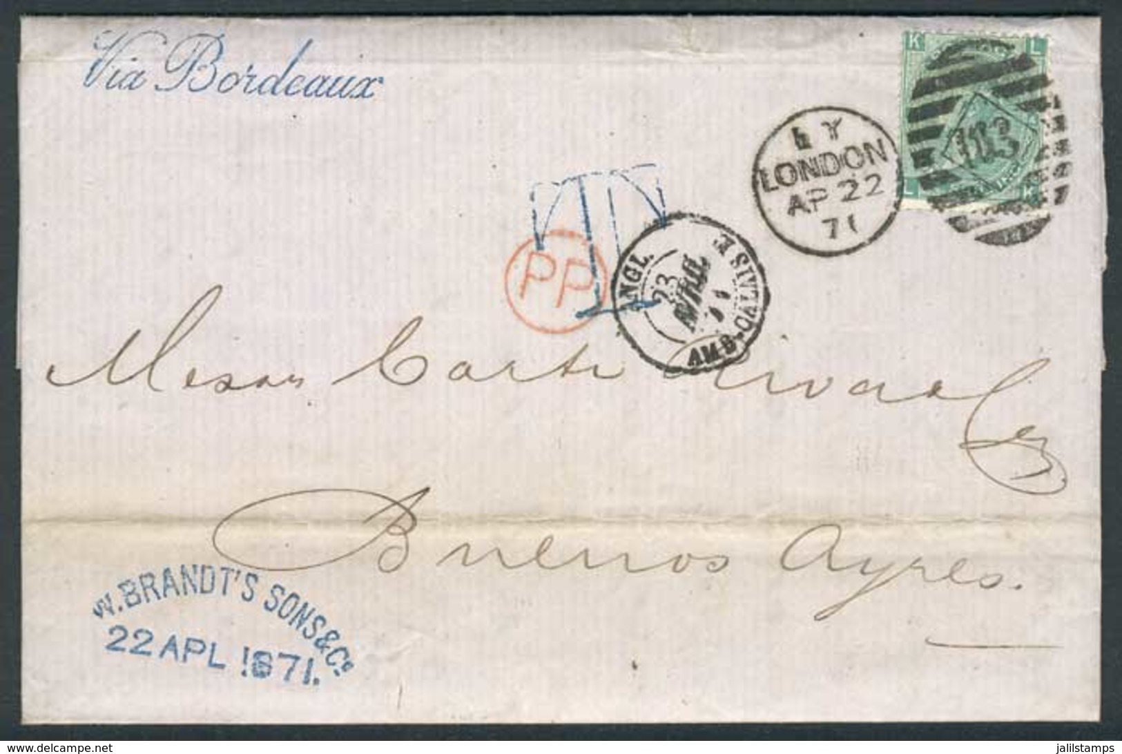 1338 GREAT BRITAIN: 22/APR/1871 LONDON - ARGENTINA: Complete Folded Letter Franked By Sc.54 Plate 4, With Duplex Cancel  - ...-1840 Vorläufer