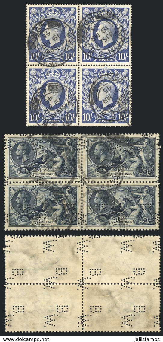 1352 GREAT BRITAIN: 2 Blocks Of 4 With Face Value 10S. Used, One With PERFIN, Handsome - Officials