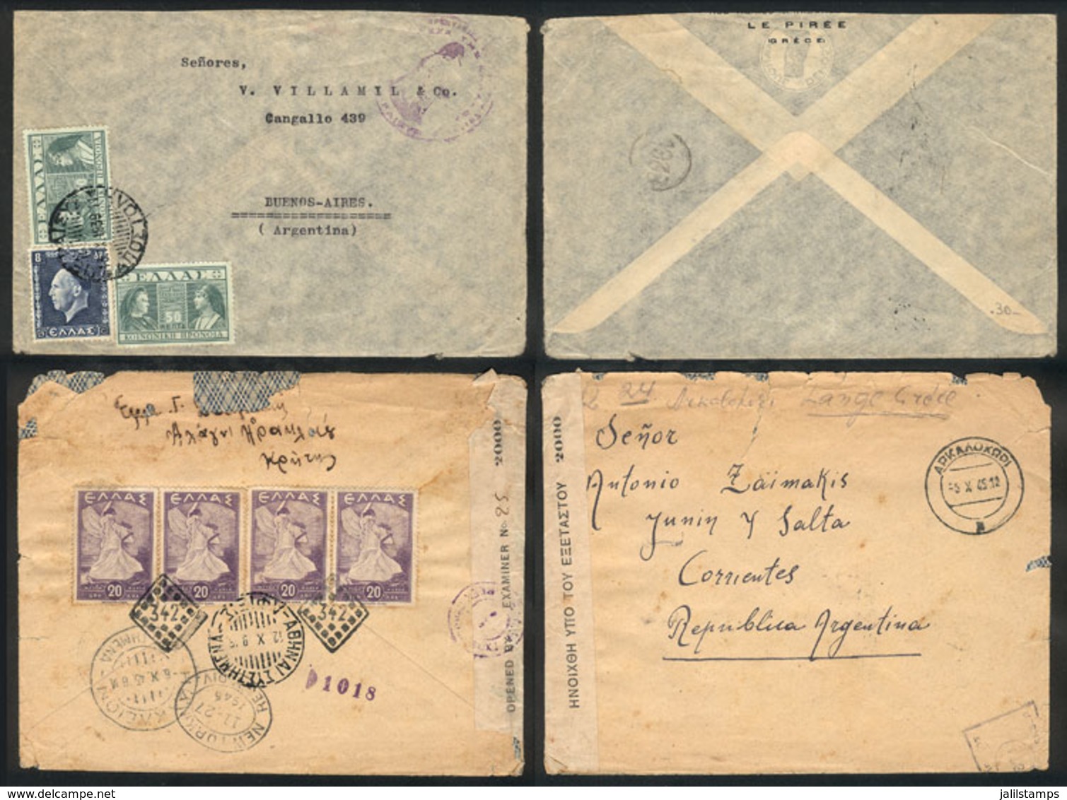 1363 GREECE: 2 Covers Sent To Argentina In 1939 And 1945 With Censor Marks, With Minor Faults But Interesting! - Altri & Non Classificati