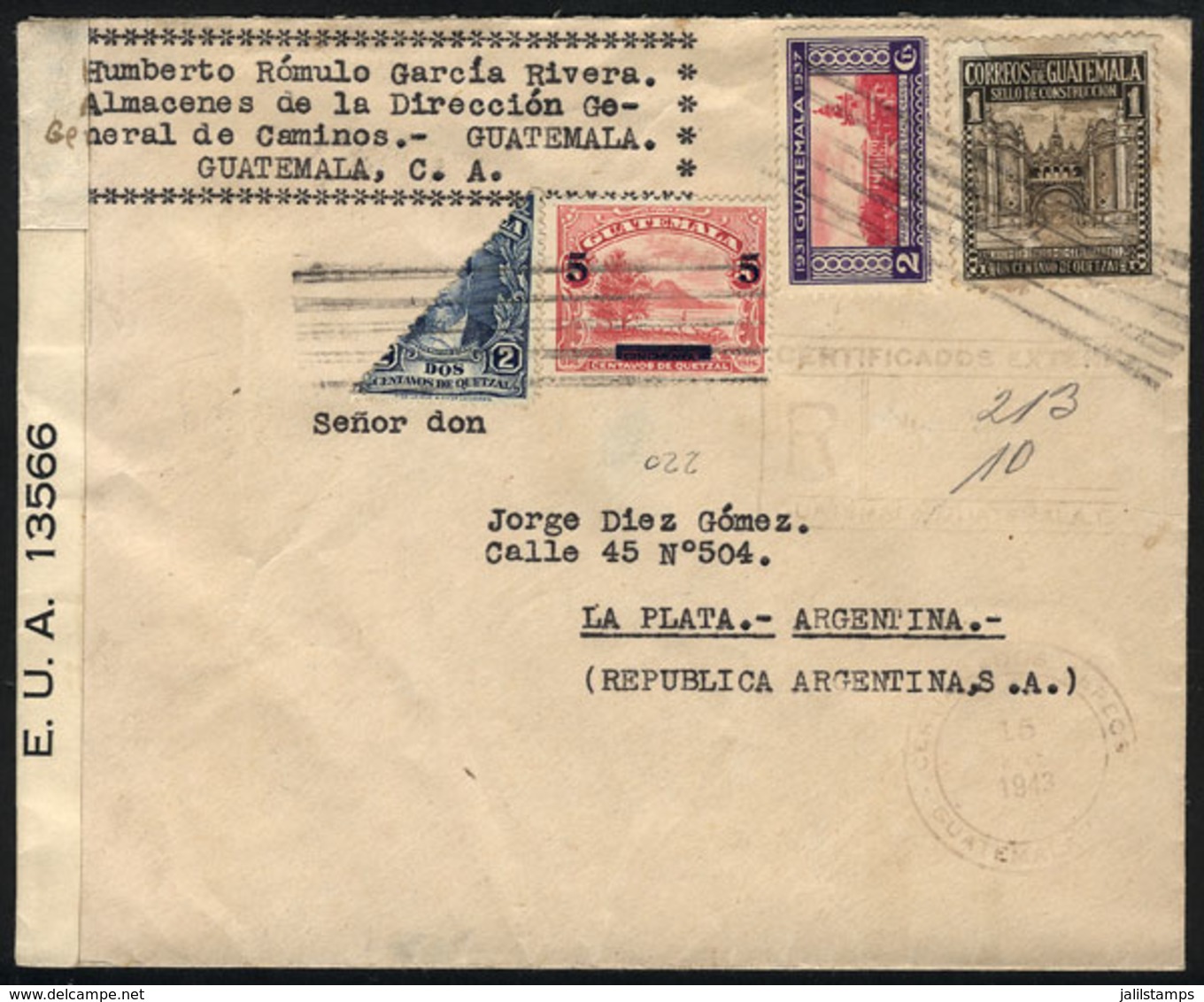 1369 GUATEMALA: Registered Airmail Cover Sent To La Plata (Argentina) In MAR/1943, With Nice Postage And American Censor - Guatemala