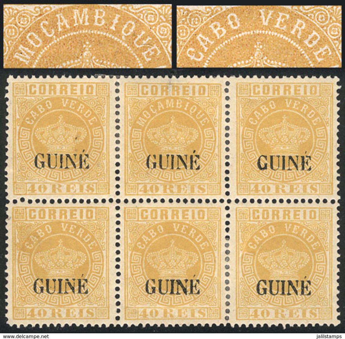 1374 PORTUGUESE GUINEA: Sc.16a, 1881/5 40r. Yellow, Block Of 6, One Inscribed With ""Mozambique"" Error, VF Quality, Ver - Guinea Portoghese