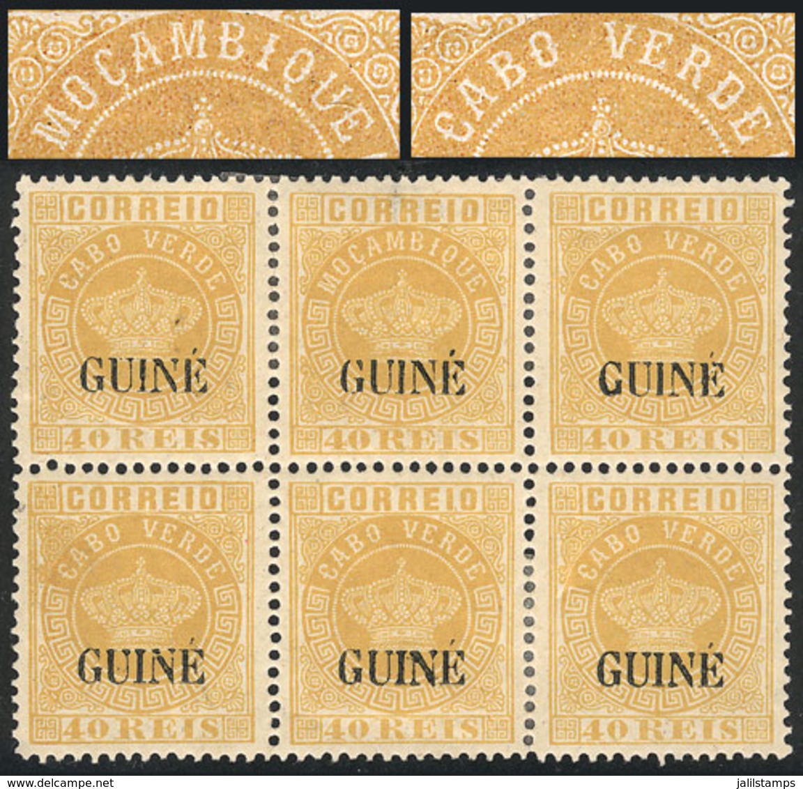 1374 PORTUGUESE GUINEA: Sc.16a, 1881/5 40r. Yellow, Block Of 6, One Inscribed With ""Mozambique"" Error, VF Quality, Ver - Portuguese Guinea