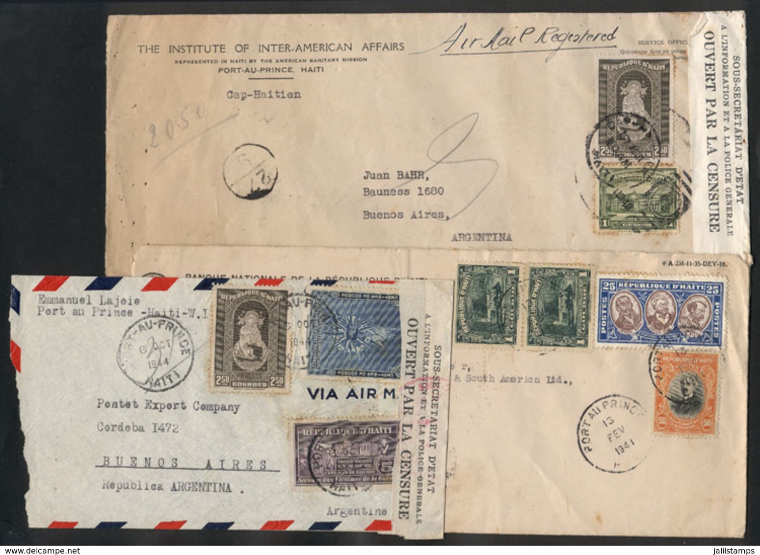 1379 HAITI: 3 Covers Sent To Argentina Between 1941 And 1944, 2 Censored, Fine General Quality (some With Minor Faults), - Haiti