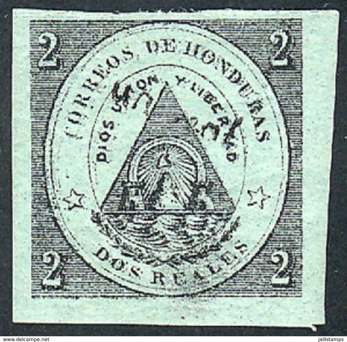 1385 HONDURAS: Sc.13, 1877 'un Real' On 2R., DIAGONAL Overprint Of Tegucigalpa, Mint Full Original Gum, Excellent Qualit - Honduras