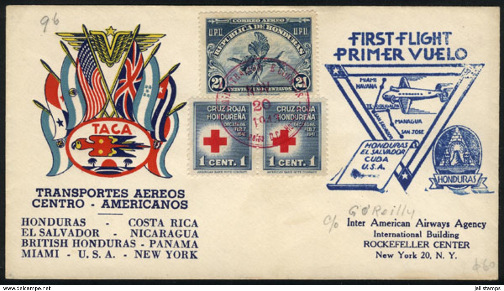 1386 HONDURAS: 20/NO/1943 TACA - New York First Flight, Without Arrival Backstamps, Excellent Quality! - Honduras