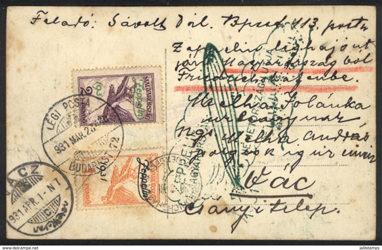 1409 HUNGARY: Postcard Franked By Sc.C24/C25, Flown By Zeppelin From Budapest To Vacz On 28/MAR/1931, With Transit Mark  - Altri & Non Classificati